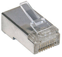 Intellinet 100er-Pack Cat5e RJ45-Modularstecker Pro Line, STP, 3-Punkt-Aderkontaktierung, für Litzen- und Massivdraht, 100 Stecker im Becher, 50 µ vergoldete Kontakte