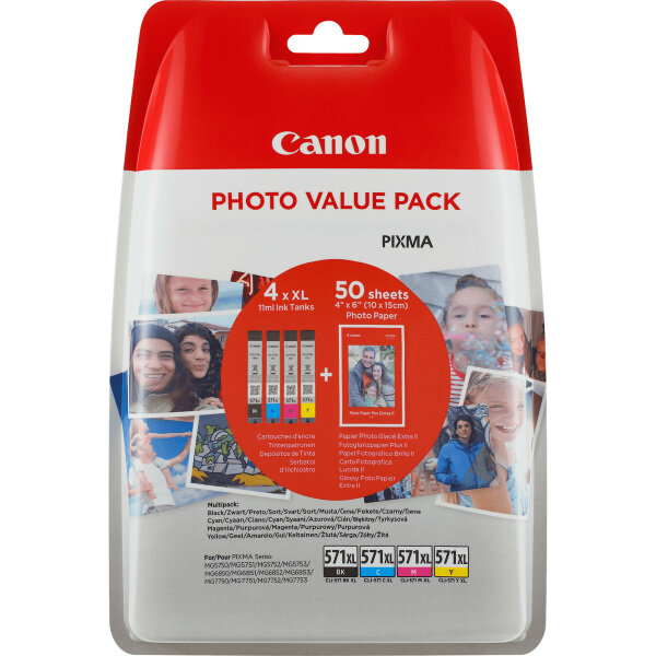 Canon CLI-571XL BK/C/M/Y Tinte mit hoher Reichweite + Fotopapier Value Pack