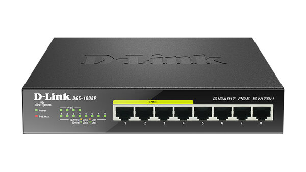 D-Link DGS-1008P Netzwerk-Switch Unmanaged Gigabit Ethernet (10/100/1000) Power over Ethernet (PoE) Schwarz